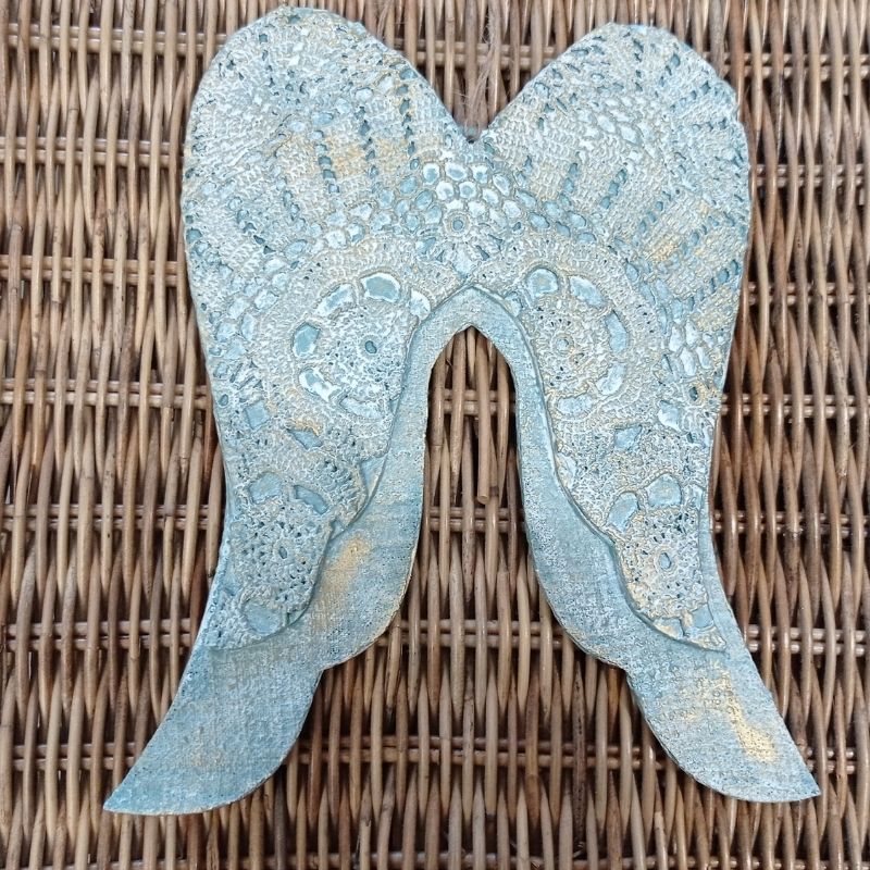 Alas de ángel relieve de crochet turquesa antiguo