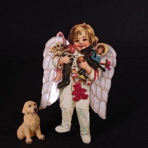 Angelito papel niño regalando juguetes