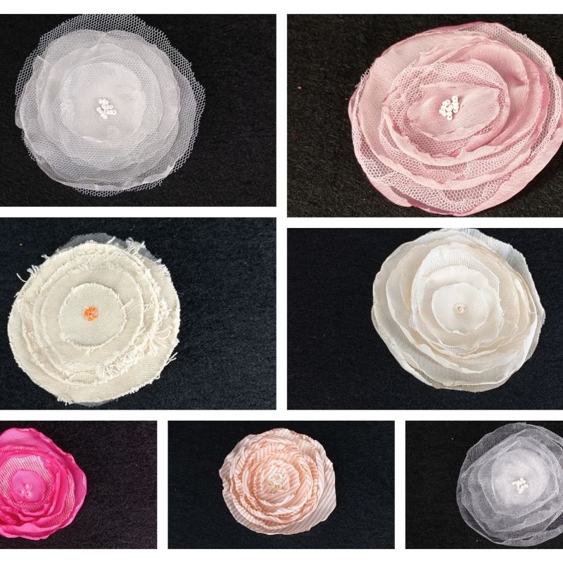 Flor tela vaquera beis con cuentas naranjas - Imagen 3